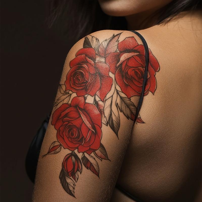 1pc Red Temporary Rose Flower Arm and Leg Tattoo Stickers, Stripper Chest and Thigh Design, Waterproof, Perfect For Women, Waterproof Realistic Tattoos