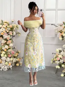 Elegant Floral Mesh One-Shoulder Dress for Women, Slim-Fitting All-Seasons Fashion, 7963 Model, Perfect for Special Occasions