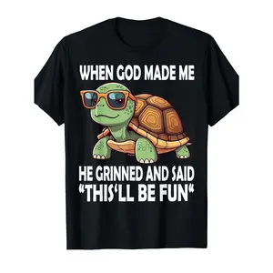 1pc Kids' Funny Turtle Print Black TShirt, Crew Neck, Casual Cotton Tee, Medium Stretch Knit Fabric, Regular Fit for Boys& Girls Children, When God Made Me He Grinned And Said This' Ll Be Fun Pattern, for Spring/Summer/Fall, Halloween, Saint Patrick'