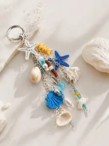 New Starfish Keychain, Ocean Style Multi-Pendant Keychain, Shell Fish Bead Combination, Trendy Practical Bag Charm, Car Accessory