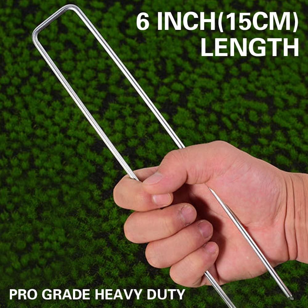 101-Piece Ergonomic Galvanized U-Shaped Garden Stakes Kit - 50 6-in 2.2mm Thickness Heavy-Duty Steel Wire Garden Staples, 50 Plastic Fixing Gaskets, 1 Pick Hook for Weed Barrier Cloth, Landscaping, Holiday Decorations