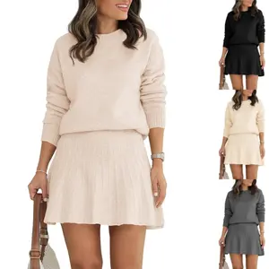 ARTFREE Womens 2 Piece Skirt Sets Pullover Sweaters Pleated Mini Skirt Fall Winter Knit Trendy Sweater Sets