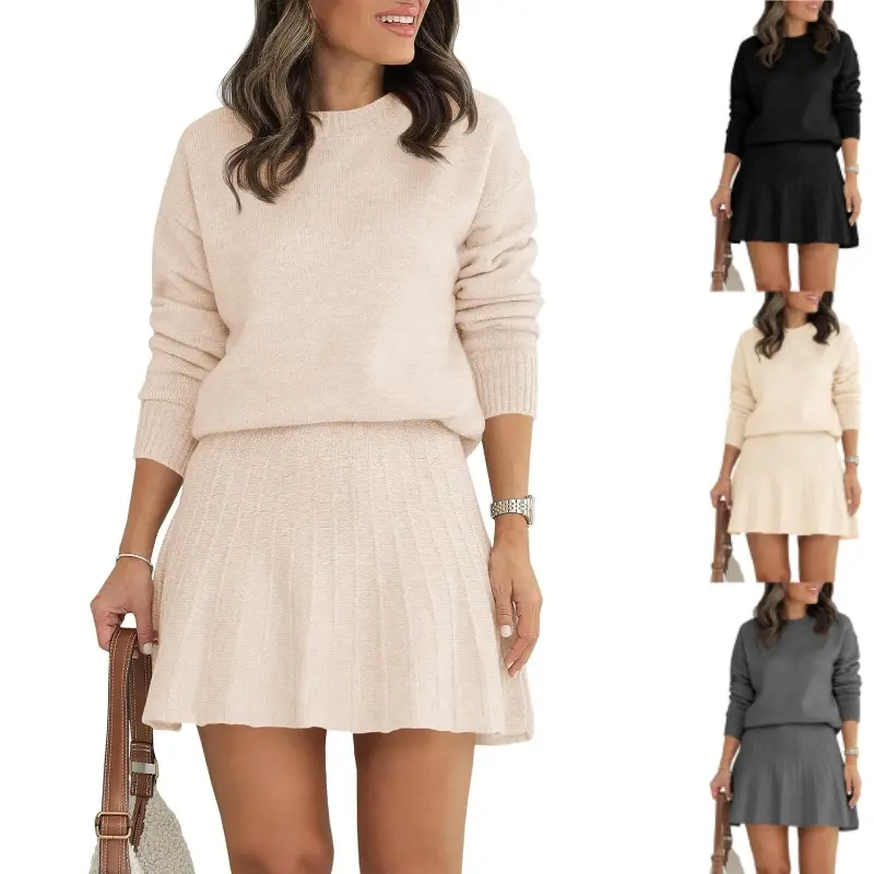 ARTFREE Womens 2 Piece Skirt Sets Pullover Sweaters Pleated Mini Skirt Fall Winter Knit Trendy Sweater Sets