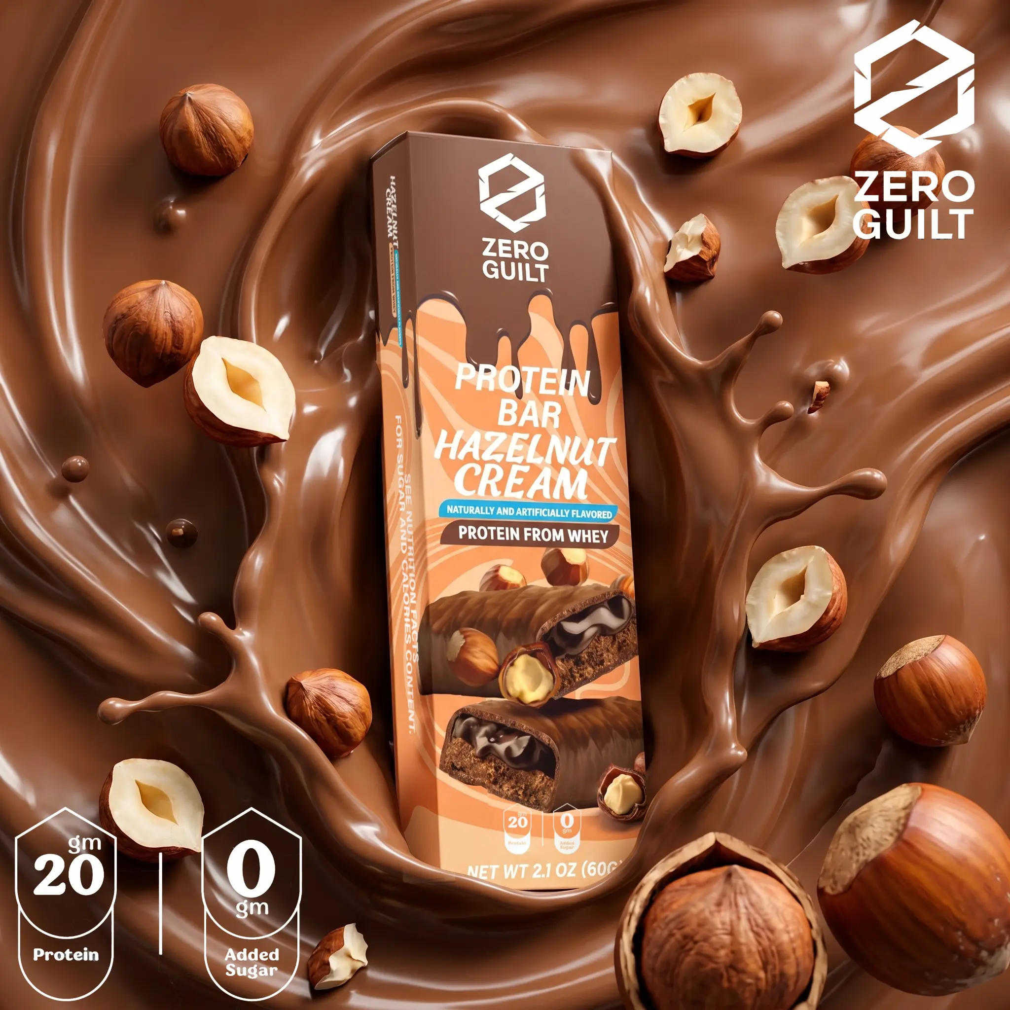 ZERO GUILT Hazelnut Cream 20G Protein Bar, ZERO Added Sugar, 60g Net Weight - 12 Pack