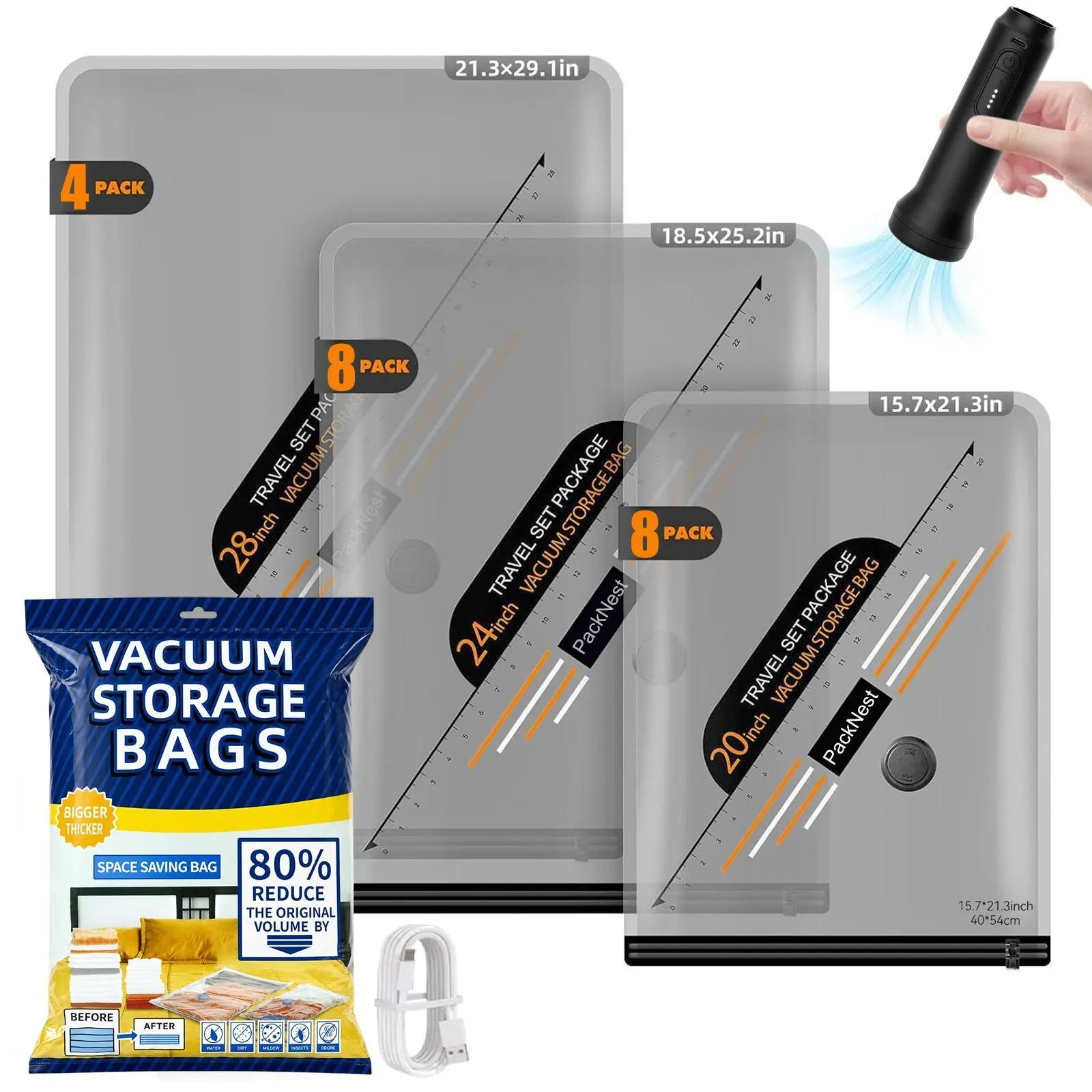 【Summer vibes】Cordless Travel Vacuum Storage Compression Bag Organiser Set with Rechargeable Air Pump (15-Pack), 3 Sizes, 140L/Min Powerful Air Removal, Waterproof Reusable Bags for Travel, Carry-On Suitcases