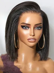 Yaki 14-Inch Bob Soft Curly Straight Wig, 180 Density, 13x4 Lace Front, Pre-Trimmed Realistic Hair Bundle, Suitable for Daily Wear