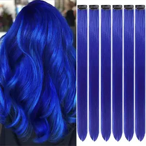 Elegant Royal Blue 6PCS Clip-In Hair Extensions – 20 Inch Straight Synthetic Strands for Women & Girls, Perfect for Festivals & Special Events