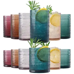 Khen Plastic Hobnail Drinking Glasses Set of 12 Neutral Tones Cups 6x 10oz Lowball & 6x 1oz Highball Acrylic Beaded Design, BPA-Free, Dishwasher Safe Indoor/Outdoor Drinkware Water, Juice, Cocktails
