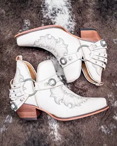 Myra Bag Women's Handmade Leather Western Ember Booties - White Walking Shoes