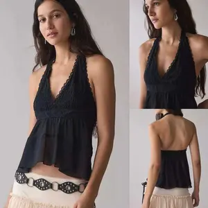 Woman's Lace Patchwork Sheer Chiffon Halter Deep V Backless Peplum Summer Cami, Breathable Skin-friendly Sexy Pure Aesthetic Top, For Dating Beach Vacation Music Festival Street Hanging Out Girl Gathering, Versatile Multi-match Casual Stylish Women Tops