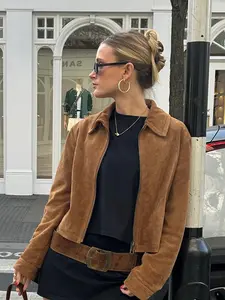 Women's Street Style Long Sleeve Fitted Jacket, Fall & Winter Plain Color Zipper Pocket Design, Casual for Daily Wear Outerwear