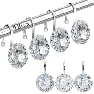 12 Stainless Steel Shower Curtain Hooks with Clear Acrylic Gem Decor, Elegant Bathroom Accessories, Fashionable Hooks, Luxurious Shower Liner