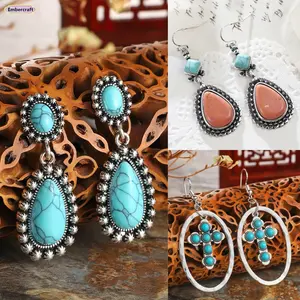 Vintage Turquoise Teardrop Earrings for Women, Boho Statement Earrings, Antique Silver Style Jewelry for Party, Festival, Daily Wear and Gift