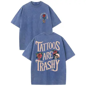 "Tattoos Are Trashy" Vintage Washed Double-Sided T-Shirt, Skull & Rose Graphic Oversized Tee, Retro Tattoo Style Casual Streetwear Top for Men Women