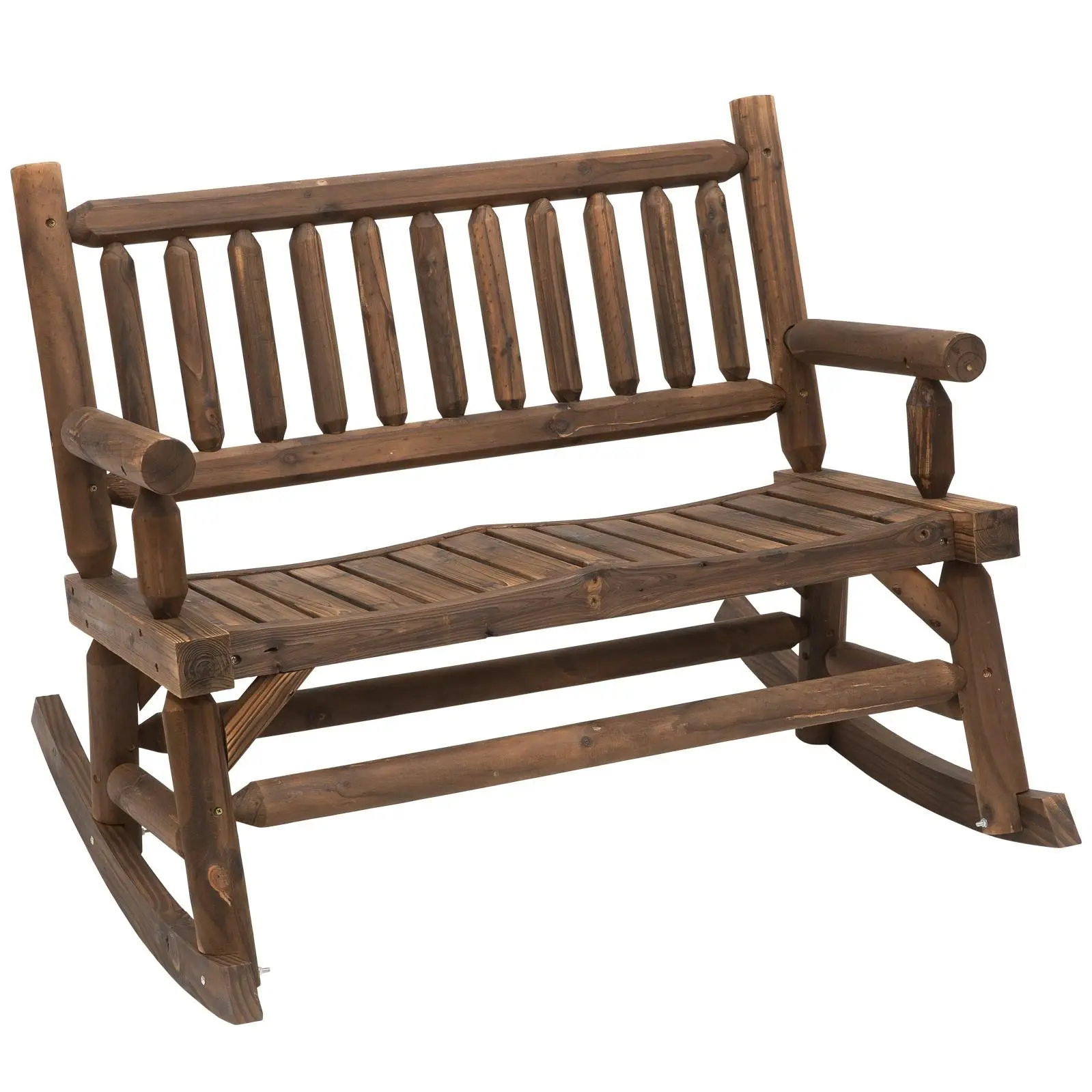 Outsunny 2-Person Heavy-Duty Rustic Wood Rocking Loveseat - Log Design, Ergonomic Armrests, Wide Curved Seats, Casual Outdoor Furniture for Friends, Front Porch, Backyard, Garden, Two Persons