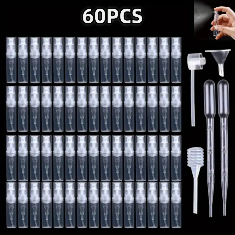 60-Pack Portable Transparent Plastic Buckle Empty Mini Fine Mist Spray Bottles - Cosmetic Liquid Atomiser with Pump for Travel, Beauty & Personal Care