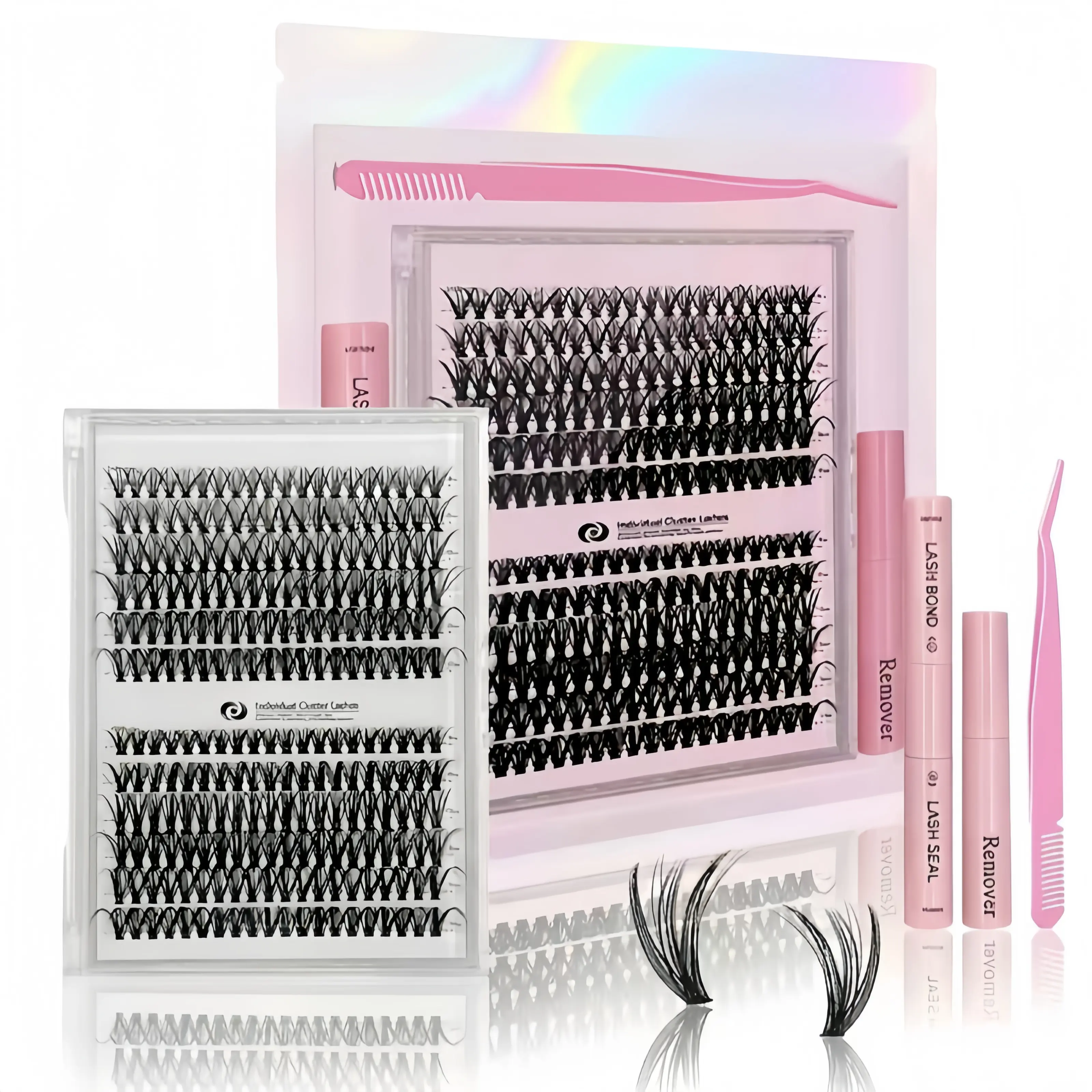 TikTok recommended mixed-length personalized false eyelash extension kit, including adhesive, sealant, remover, tweezers, and an eyelash curler for a natural lash look; professional eye makeup accessories designed specifically for women.
