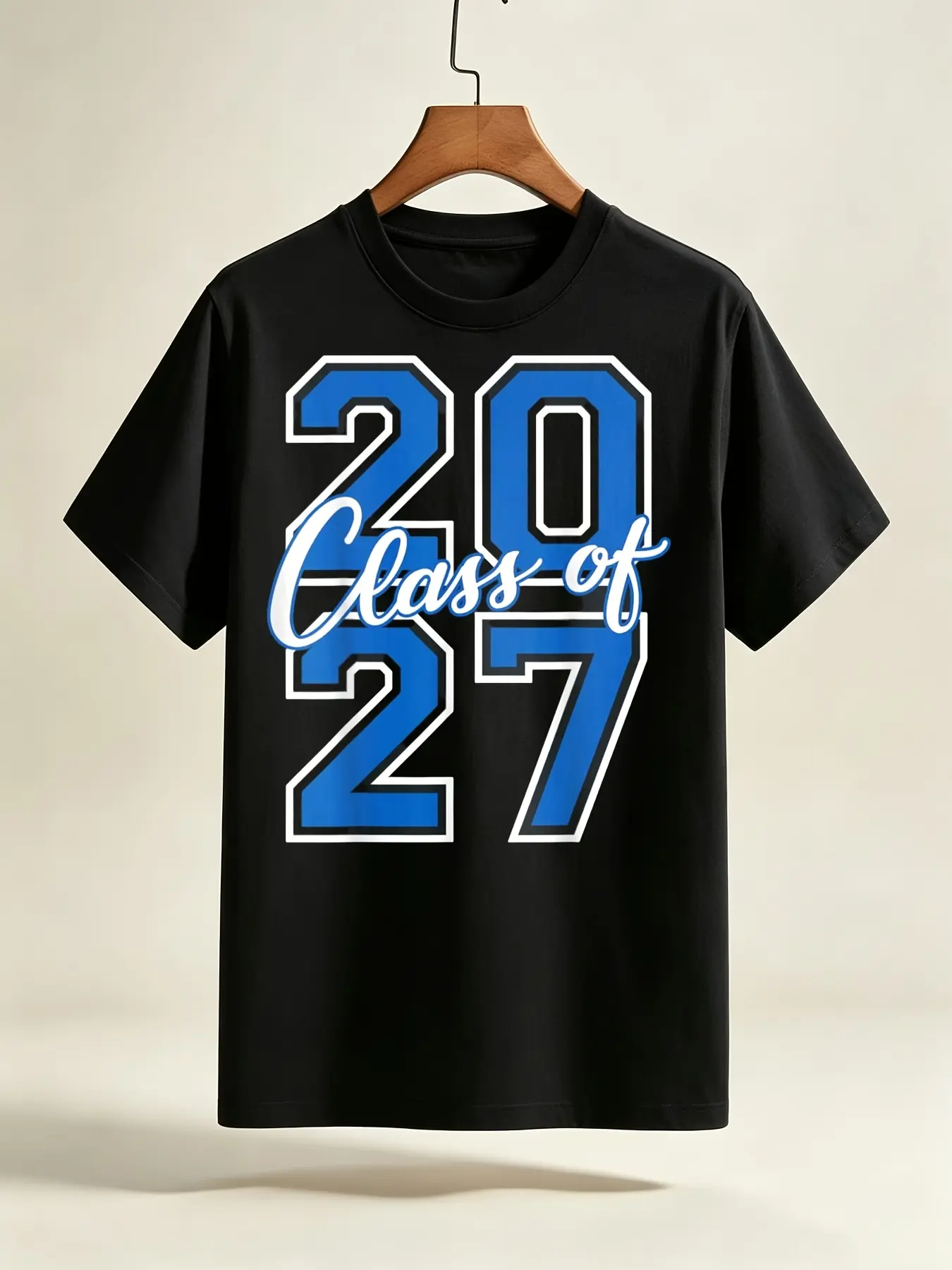 Class of 2027 Graduation Varsity Blue and White Le unisex soft cotton short sleeve t shirt, vintage graphic casual tee for men women teens, perfect birthday holiday gift for camping travel gym daily street  wear