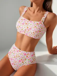 Women's New U Neck Vintage Small Floral Print Bikini Set, Two Piece Summer High Waist Swimsuit for Women, Casual Style, For All Seasons, Retro Push Up Beachsuit . Spaghetti Strap Swimwear . 2026 Bathing Suit.