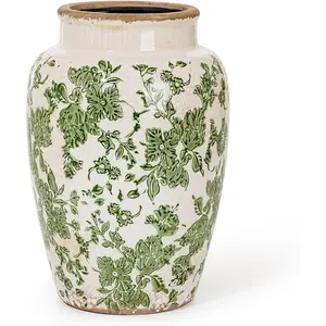 Ceramic Flower Vase,  Ice Cracked  Porcelain Vase, Pretty  Decor Vase for Flower Arrangement,  , 10.2 Inch Tall Chinoiserie Pottery Vase, Green Floral