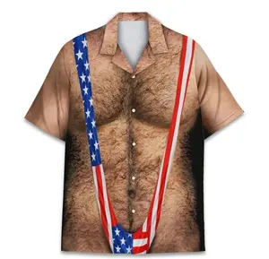 Men's Patriotic American Flag Hawaiian Shirt - Funny Chest Hair Illusion Aloha Shirt for 4th of July USA Party (Sports & Outdoor Clothing, Men's Sports Top)