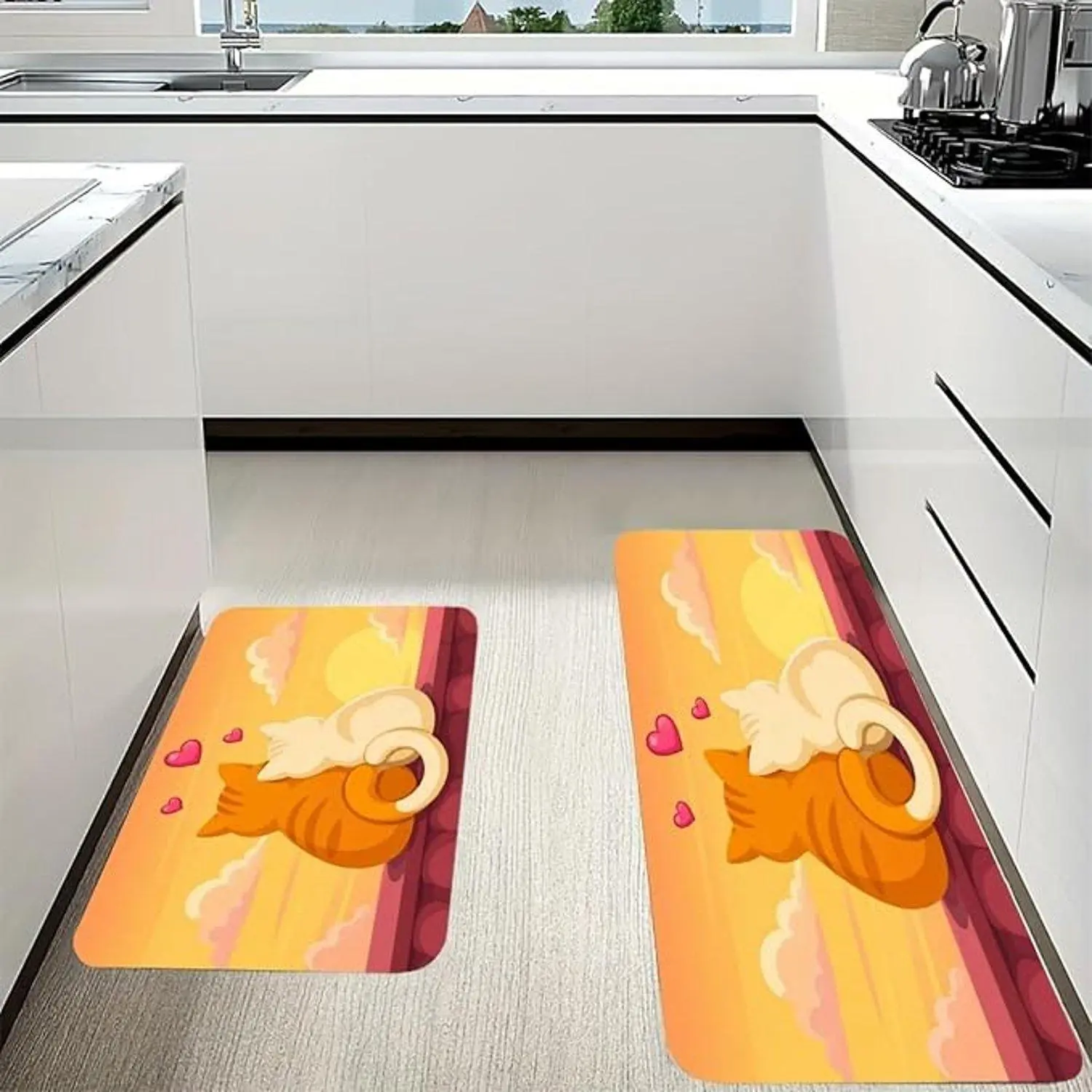Cute Cartoon Sleeping Cat Sunset Heart Pattern Flannel Non Slip Indoor Kitchen Rug