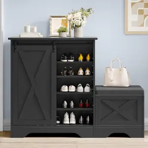 Farmhouse Shoe Storage Cabinet with Shoe Bench, 5-Tier Shoe Cabinet with Adjustable Shelves for 20 Pairs, Narrow Slim Shoe Cabinet with Sliding Door for Entryway, Hallway, Living Room (Black)