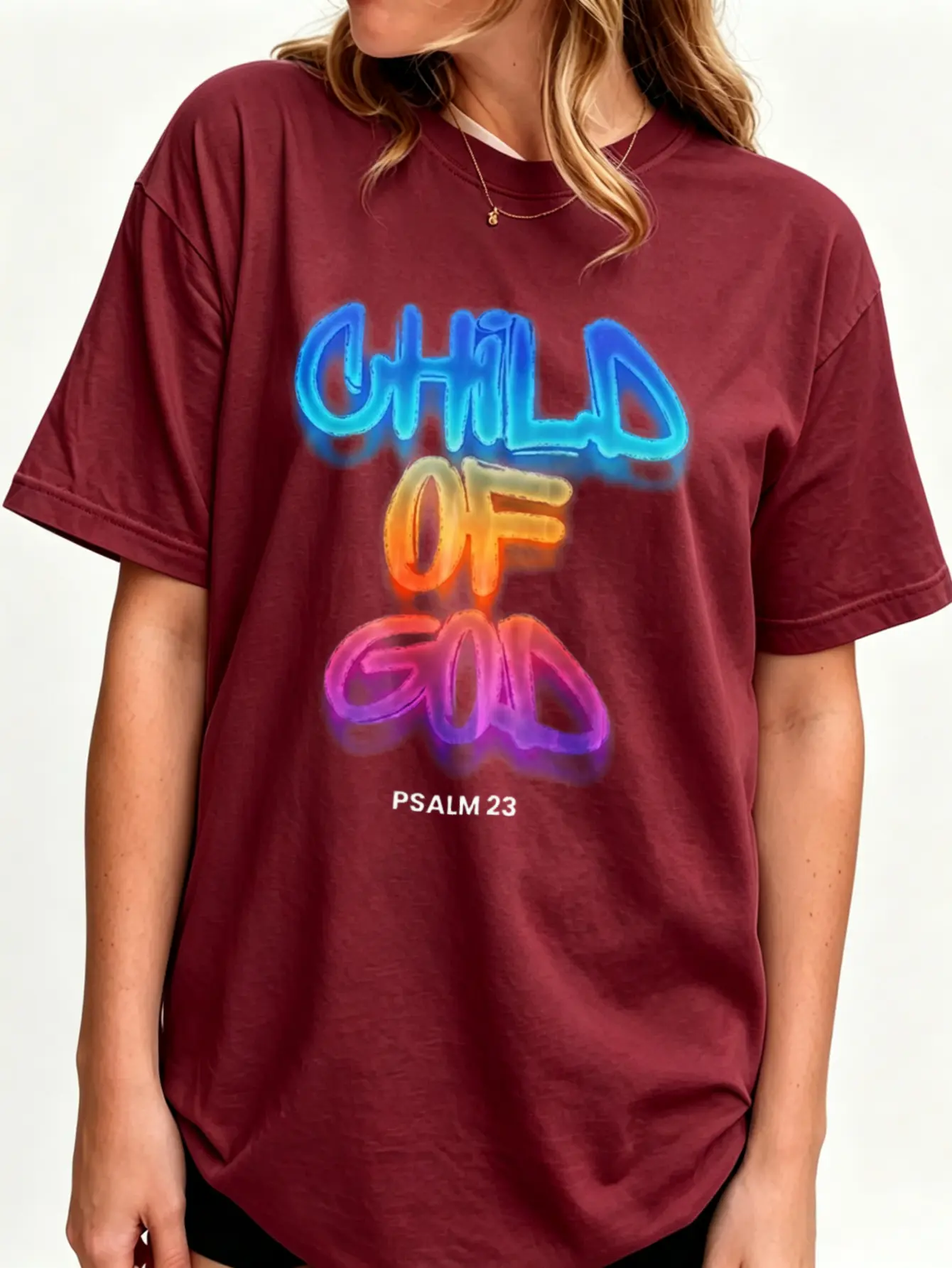 Women Child of God Graphic Tee Gildan G5000 Maroon 90s Airbrush Graffiti T-Shirt Psalm 23 Bible Verse Faith Shirt Christian Apparel Aesthetic Oversized Crewneck Short Sleeve Tops Retro Jesus Streetwear Sunday Church Outfit Gift