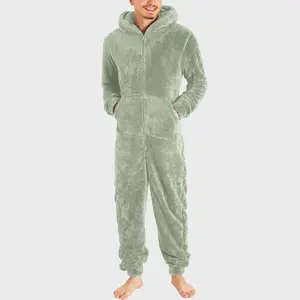Men's Couple Zipper Warm Plush Jumpsuit Warm Pajamas Loungewear Menswear Long Sleeve Beige Nightwear Army Green Polyester Original Fleeces Motocross Plain