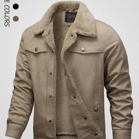 Men's Solid Button Front Pocket Fleece Jacket Coats, Regular Fit Casual Long Sleeve  Thermal Lined Collared Outerwear for Winter, Men's Clothes for Daily Wear