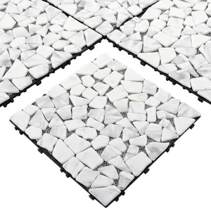 4 count  Stone Interlocking Deck Tiles 12"x12" Pebble  Patio Deck, Outdoor Indoor Floor Decking Tiles for Porch Poolside Balcony Backyard, Carrara White