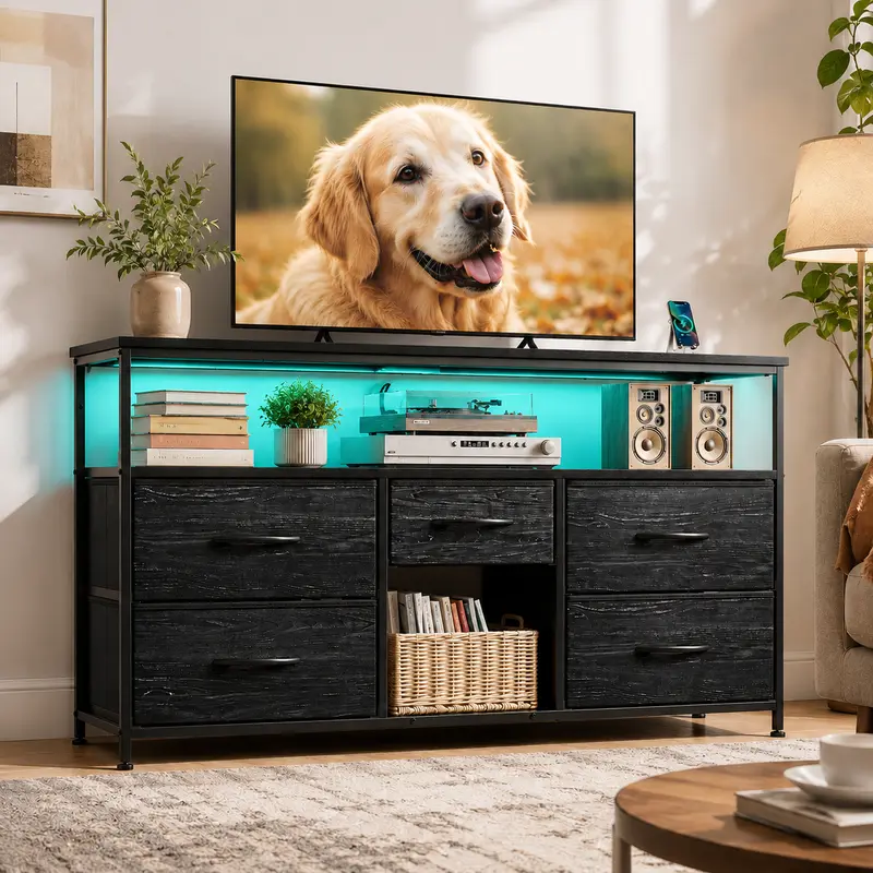 【Summer Vibes】 Raybee Furniture Small Space Drawer Dresser for Bedroom, TV Stand 50" TV with Charging Station & LED, Living Room Dresser with 5 Drawers, Entertainment Center, Fabric Dresser Storage Bin Organizer for Bedroom Furniture