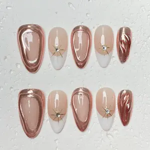 [Halo] Medium Almond Handmade Press on Nails, Fake Nails with Nail tool kit with Jelly Stickers, Reusable, Durable