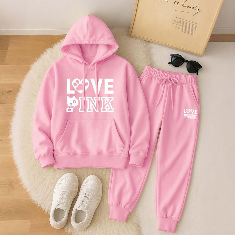 Women's Love Dog Pink Print Hoodie And Drawstring Track Pants Set, Casual Sportswear, Long-Sleeved Hooded Jacket And Pants, Suitable For Autumn And Winter, Everyday Wear, Indoor And Outdoor Sportswear, Casual Sportswear. Women's Love Dog Pink Print Hoodie And Drawstring Track Pants Set, Casual Sportswear, Long-Sleeved Hooded Jacket And Pants, Suitable For Autumn And Winter, Everyday Wear, Indoor And Outdoor Sportswear, Casual Sportswear.