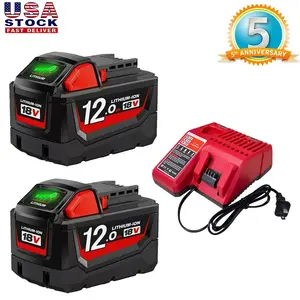 2Pack 18V 12.0Ah Battery and Charger Combo Replacement for Milwaukee M-18 Battery Lithium Ion 48-11-1862 48-11-1860 48-11-1828 48-11-1815 48-11-1822 and 18 Volts Cordless Power Tools