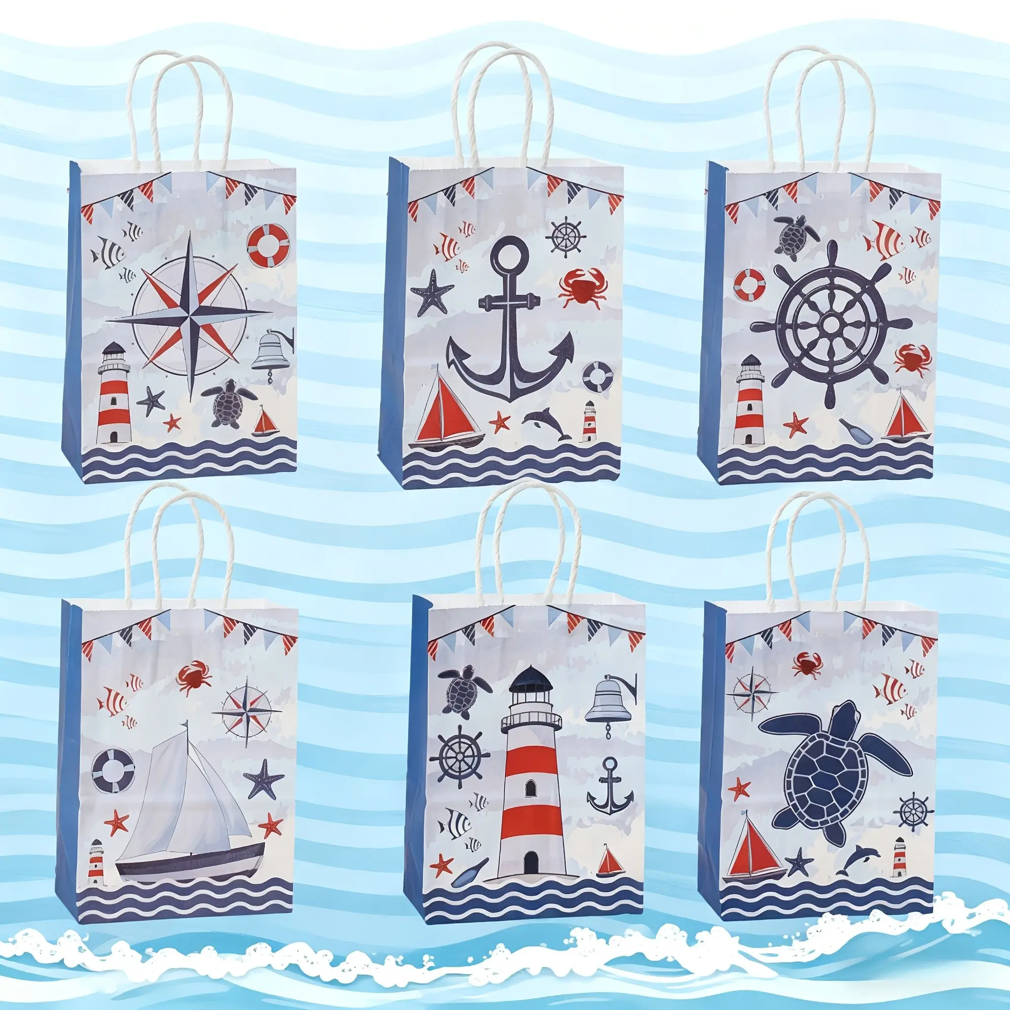 12pcs/24pcs Nautical Gift Bags Bulk, Goody Bags, Goodie Bags, Paper Bags, Reusable Beach Shopping Totes, Sailor Gifts, Captain Gifts, Birthday Party Supplies, Sailboat Handbags