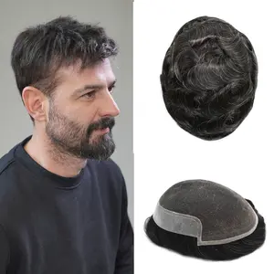 Mens Hairpiece French Lace Front Mens Toupee Real Human Hair System for Men Poly Skin Pu Hair Replacement System Wig