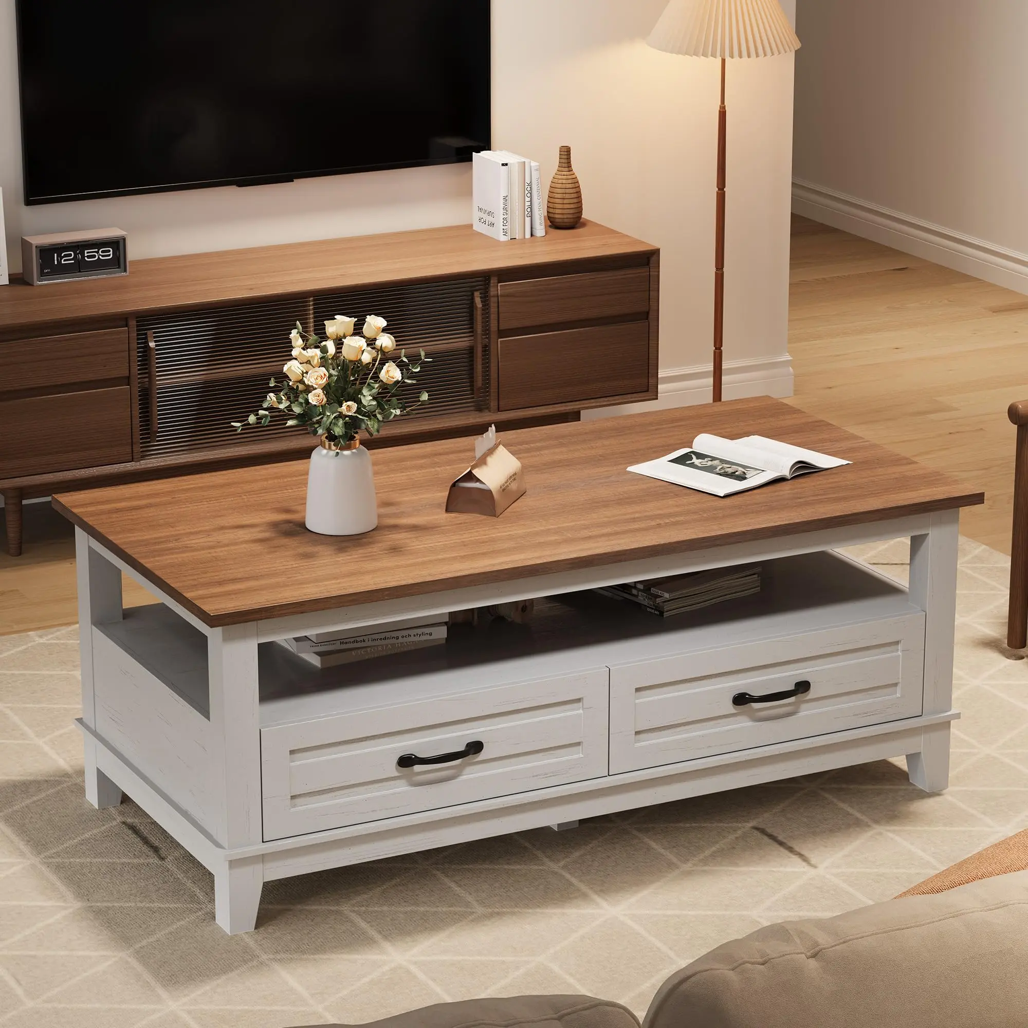 YJ-Garvee Farmhouse Coffee Table, 47.2 Rustic Center Table with Drawers, Open Shelf, and 6 Support Legs, Large Living Room Table with Ample Storage SpaceBrown and white color blocking