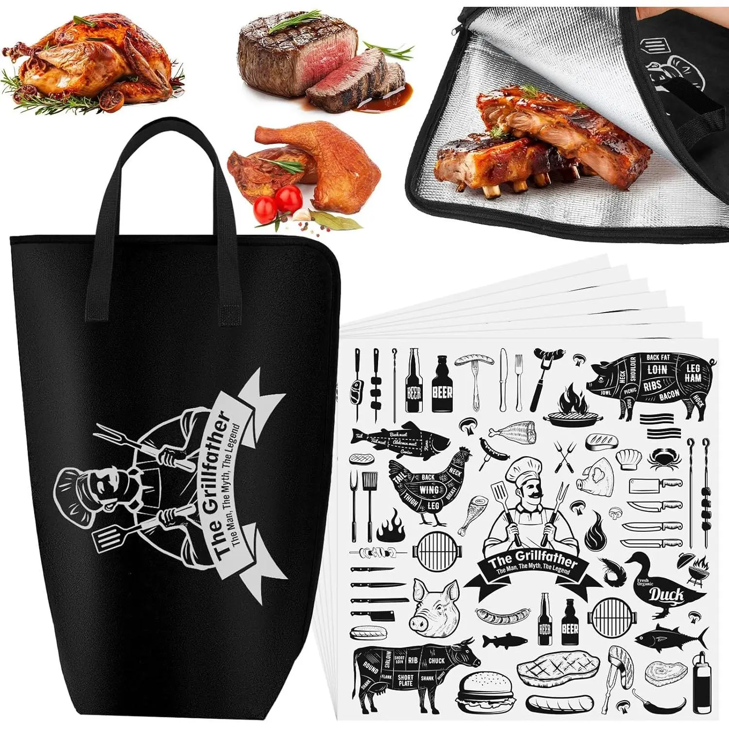 Frienda 21" BBQ Meat Resting Bag with 50 Sheets Butcher Paper, Insulated BBQ Blanket for Brisket, Leakproof Thermal Cooler Bag, Father's Day Smoker Accessories Grilling Gift for Men Dad(Black)
