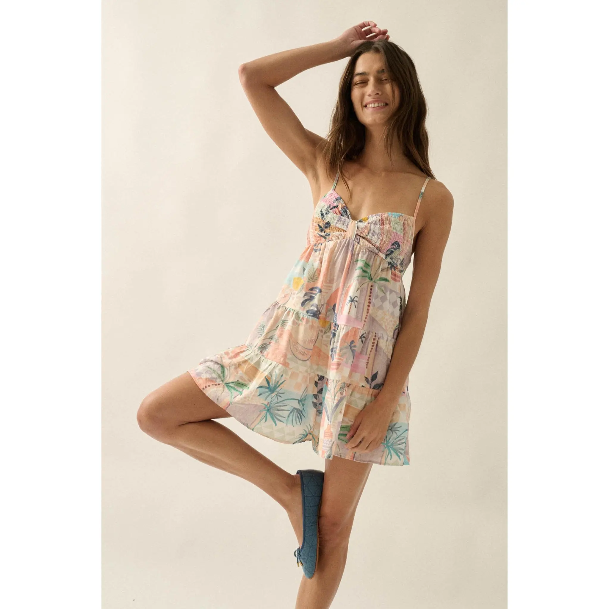 Miami Mood Tropical-Print Tiered Babydoll Romper