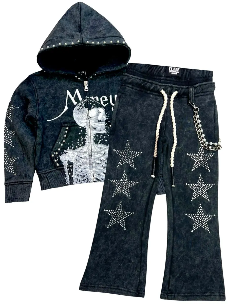 Elite – black skull rhinestone pearls premium kids fleece set