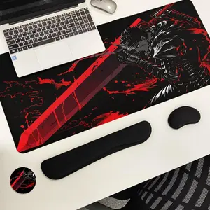 Anime-style Swordsman Pattern Mouse Pad Set, Mouse Pad & Keyboard Wrist Rest & Ergonomic Mouse Pad & Cup-Coaster Set, Desktop Decoration Accessories for Home Office Gaming