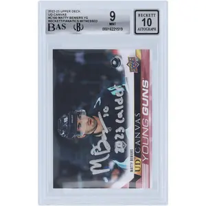 Matty Beniers Seattle Kraken Autographed 2022-23 Upper Deck Series 1 Young Guns Canvas #C100 Beckett Fanatics Witnessed Authenticated 9/10 Rookie Card with "2023 Calder" Inscription - Fanatics Authentic Certified