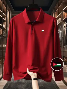 Men's Solid Color Long Sleeve Polo Shirt, High-End Fashion Fabric, Casual Sports Leisure Wear, All Seasons, Jordan Flag Print