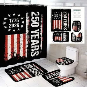 4pcs Patriotic 250th Anniversary Bathroom Set, Shower Curtain with Vintage American Flag Design, The floor mat fabric is thicker and softer! Coordinated Bath Mat & Toilet Seat Cover