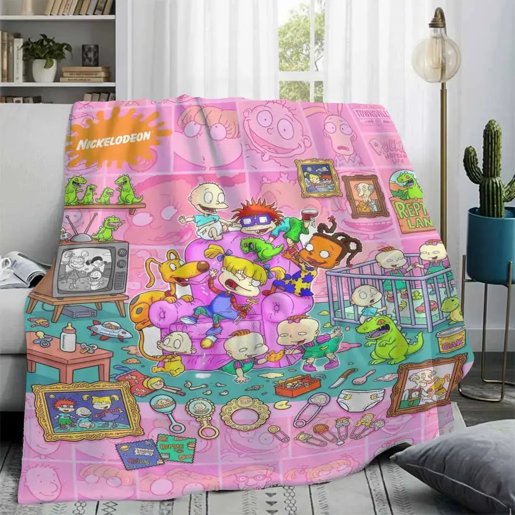Y2K Retro Cartoon Collage Flannel Throw Blanket, Pink Nostalgic Graphic Cozy Lightweight Blanket for Bed Sofa Dorm Room, Fun Bedroom Decor and Gift for Teens Adults