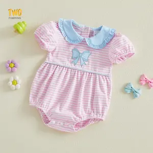 Baby Girl Striped Romper Short Sleeve Doll Collar Bow Embroidery Cute Smocked Clothes