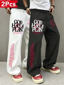 2 Piece Set American Streetwear Print Sweatpants, Loose-Fit Straight Leg Long Pants, Men's Casual Trendy Wide-Leg Pants