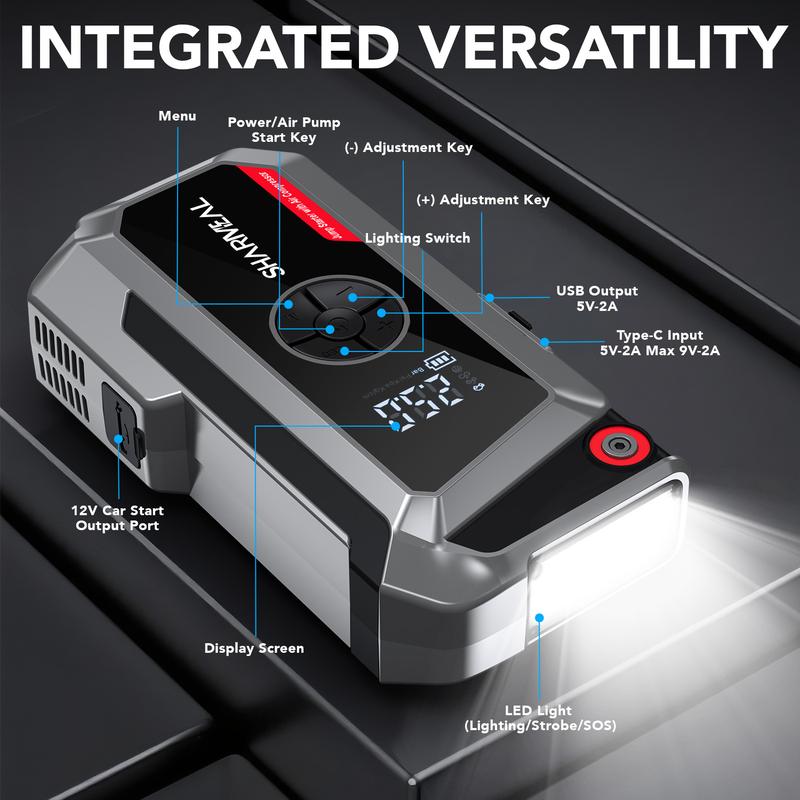 6000A Portable Car Jump Starter with Air Compressor 12V Battery Jump Starter Power Pack Tire Inflator with Extended Smart Jumper Cables for All Gas & up to 10.0L Diesel Engines