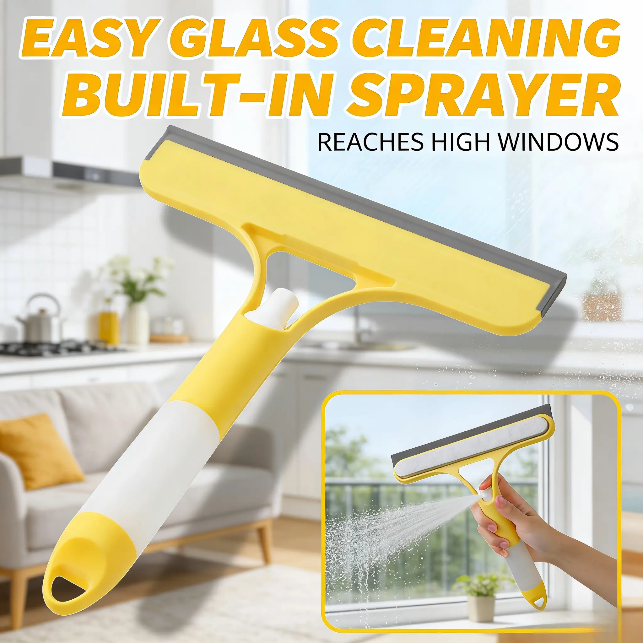 2025 New 3-in-1 Multipurpose Cleaning Tool with Handle - Glass Washer Squeegee, Scrubber, Spray Function, Stiff Bristles, PVC Build - Durable Home Care Tool for Desk, Wall, Sink, Toilet, Car Windshields
